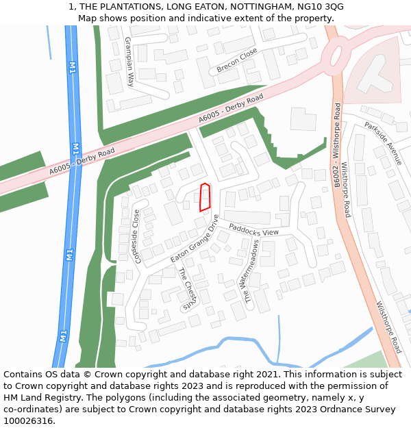 1, THE PLANTATIONS, LONG EATON, NOTTINGHAM, NG10 3QG: Location map and indicative extent of plot