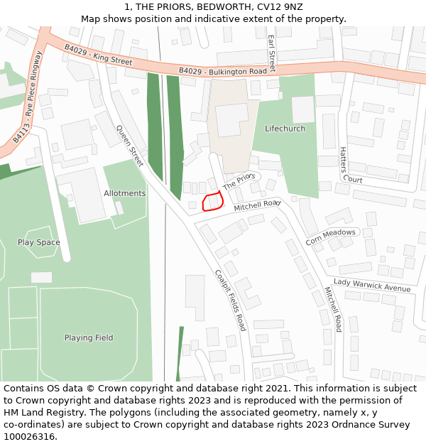 1, THE PRIORS, BEDWORTH, CV12 9NZ: Location map and indicative extent of plot