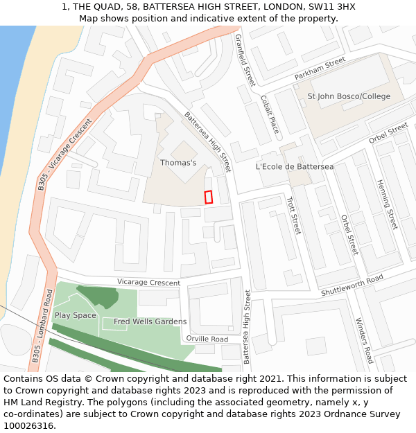 1, THE QUAD, 58, BATTERSEA HIGH STREET, LONDON, SW11 3HX: Location map and indicative extent of plot