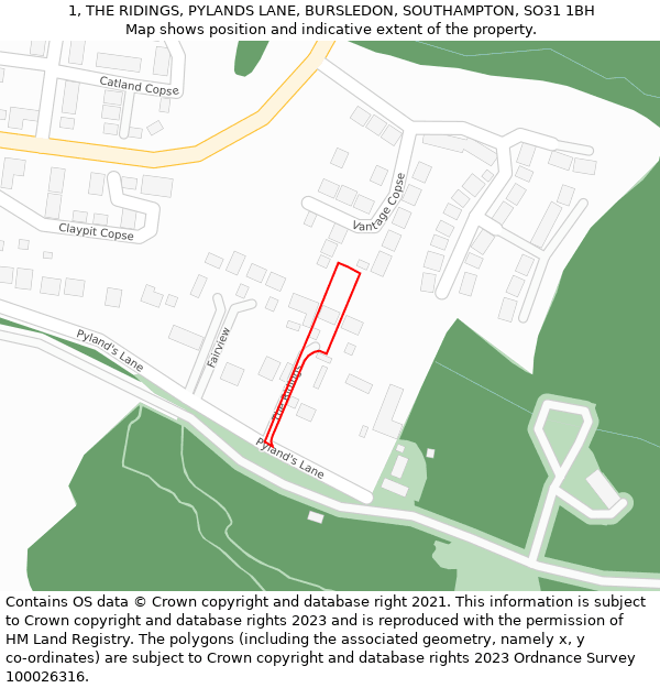 1, THE RIDINGS, PYLANDS LANE, BURSLEDON, SOUTHAMPTON, SO31 1BH: Location map and indicative extent of plot