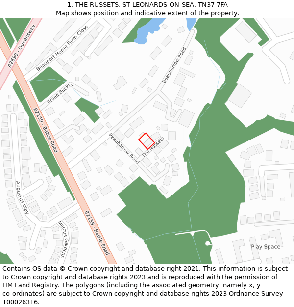 1, THE RUSSETS, ST LEONARDS-ON-SEA, TN37 7FA: Location map and indicative extent of plot