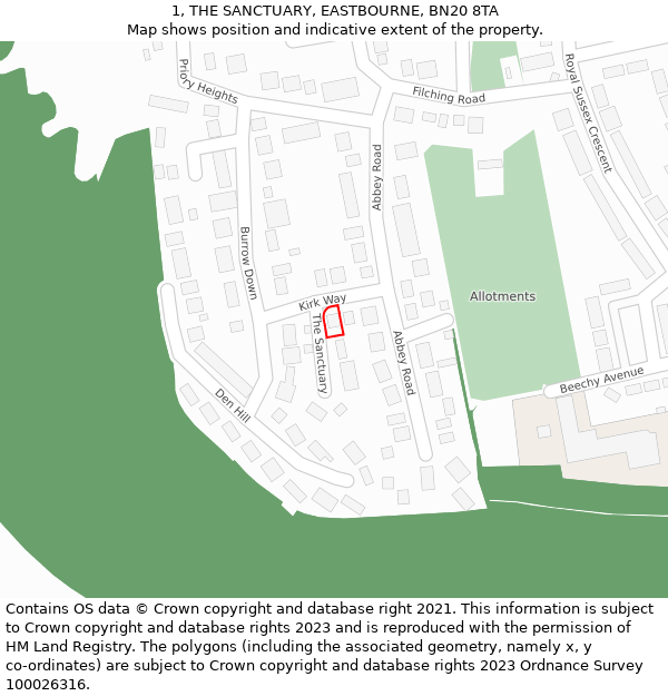 1, THE SANCTUARY, EASTBOURNE, BN20 8TA: Location map and indicative extent of plot