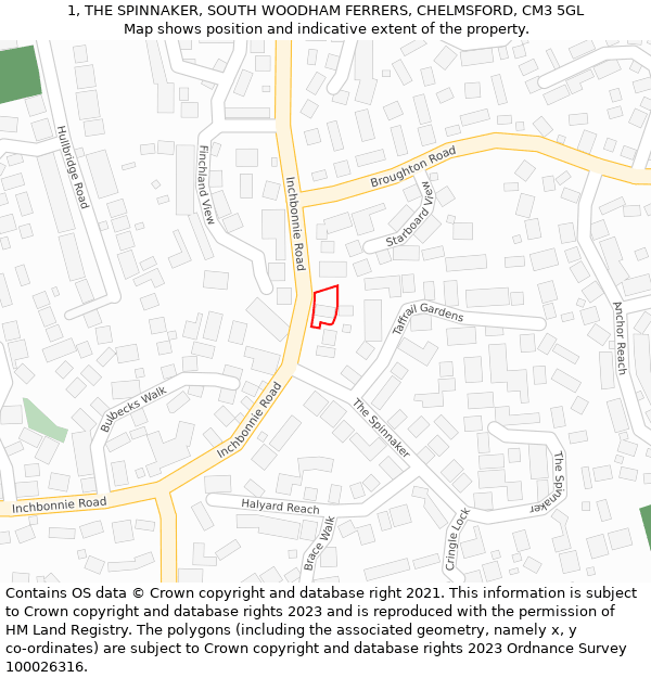 1, THE SPINNAKER, SOUTH WOODHAM FERRERS, CHELMSFORD, CM3 5GL: Location map and indicative extent of plot