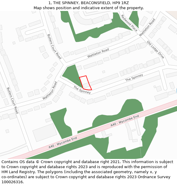 1, THE SPINNEY, BEACONSFIELD, HP9 1RZ: Location map and indicative extent of plot