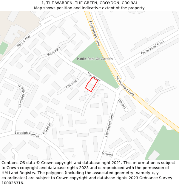 1, THE WARREN, THE GREEN, CROYDON, CR0 9AL: Location map and indicative extent of plot
