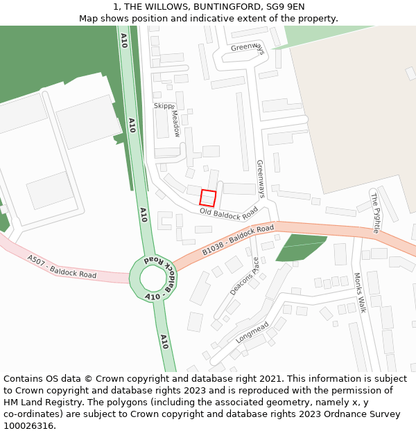 1, THE WILLOWS, BUNTINGFORD, SG9 9EN: Location map and indicative extent of plot