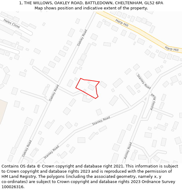 1, THE WILLOWS, OAKLEY ROAD, BATTLEDOWN, CHELTENHAM, GL52 6PA: Location map and indicative extent of plot