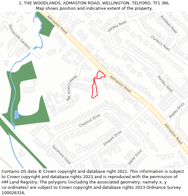 1, THE WOODLANDS, ADMASTON ROAD, WELLINGTON, TELFORD, TF1 3NL: Location map and indicative extent of plot