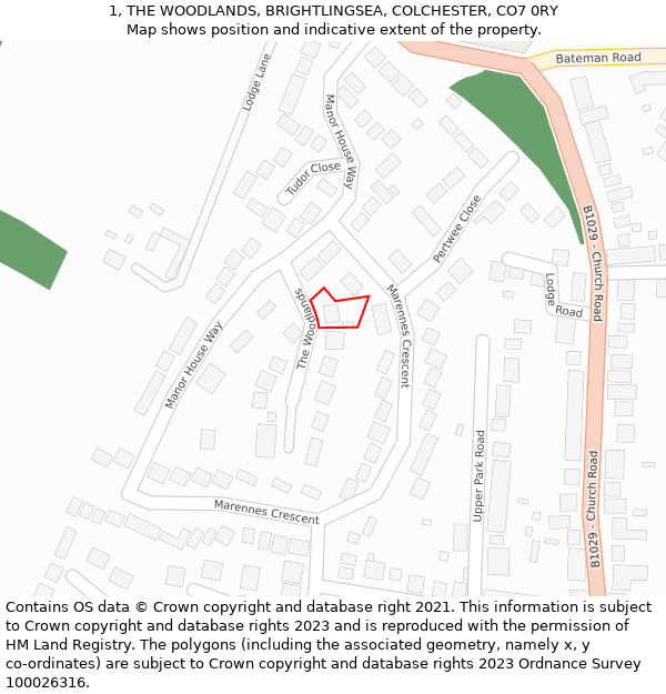 1, THE WOODLANDS, BRIGHTLINGSEA, COLCHESTER, CO7 0RY: Location map and indicative extent of plot