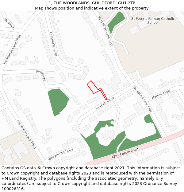 1, THE WOODLANDS, GUILDFORD, GU1 2TR: Location map and indicative extent of plot