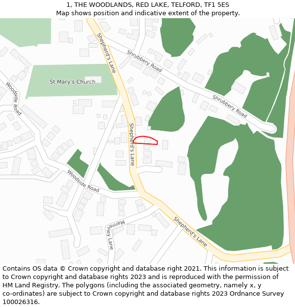 1, THE WOODLANDS, RED LAKE, TELFORD, TF1 5ES: Location map and indicative extent of plot