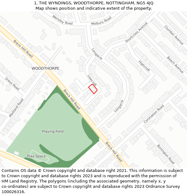 1, THE WYNDINGS, WOODTHORPE, NOTTINGHAM, NG5 4JQ: Location map and indicative extent of plot