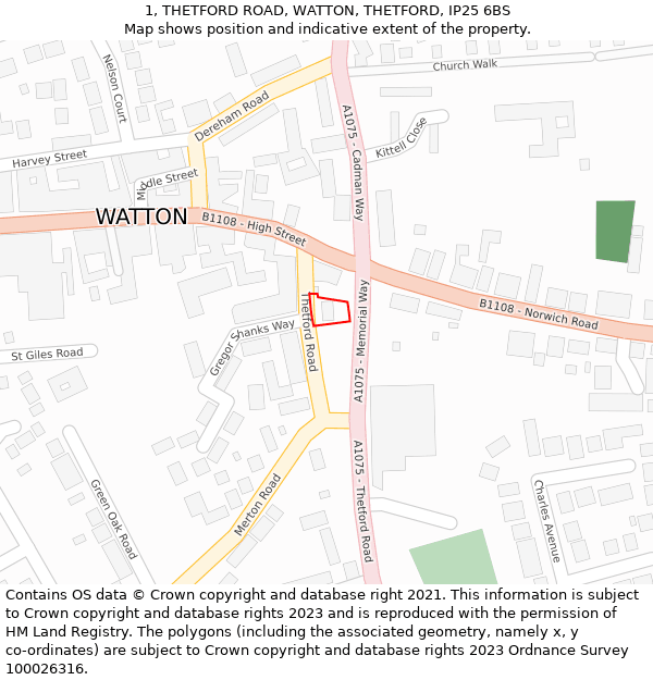 1, THETFORD ROAD, WATTON, THETFORD, IP25 6BS: Location map and indicative extent of plot
