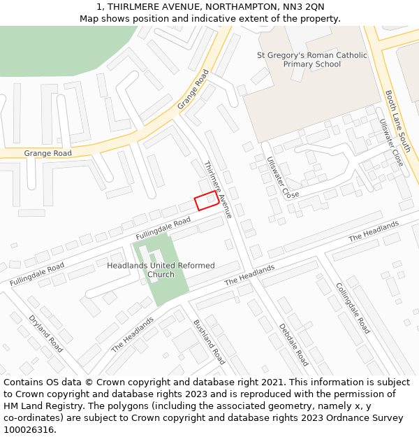 1, THIRLMERE AVENUE, NORTHAMPTON, NN3 2QN: Location map and indicative extent of plot
