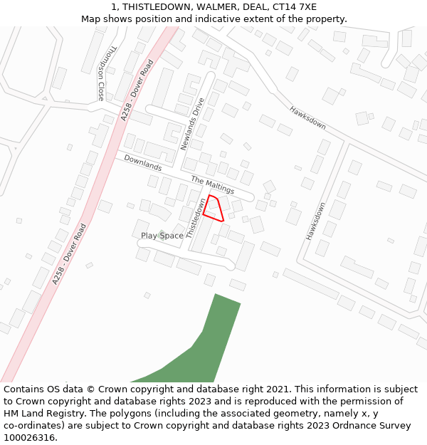 1, THISTLEDOWN, WALMER, DEAL, CT14 7XE: Location map and indicative extent of plot