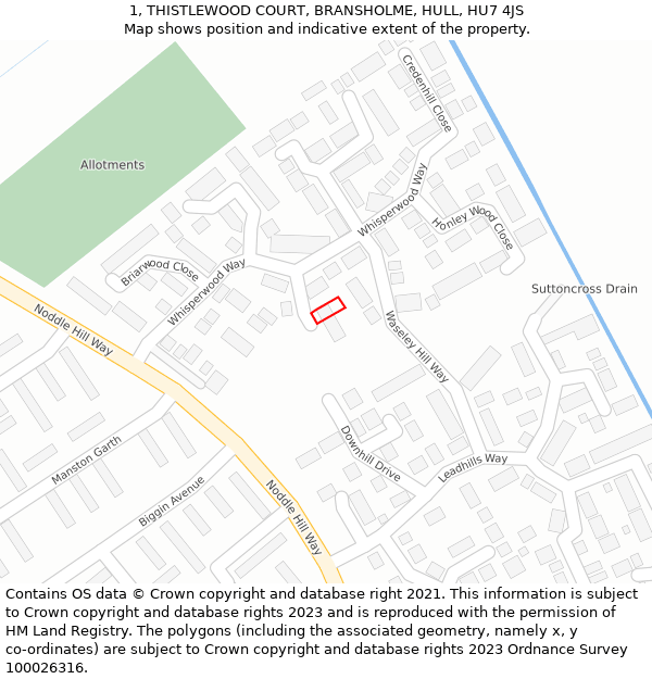 1, THISTLEWOOD COURT, BRANSHOLME, HULL, HU7 4JS: Location map and indicative extent of plot