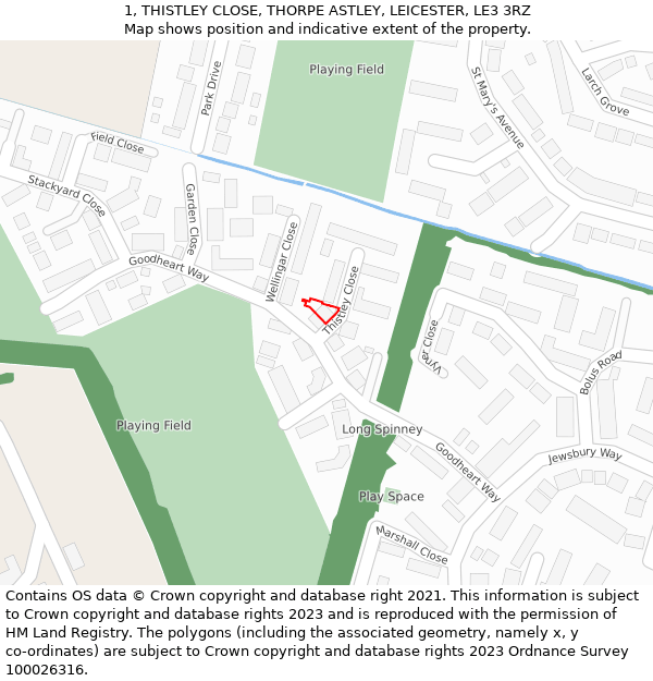 1, THISTLEY CLOSE, THORPE ASTLEY, LEICESTER, LE3 3RZ: Location map and indicative extent of plot