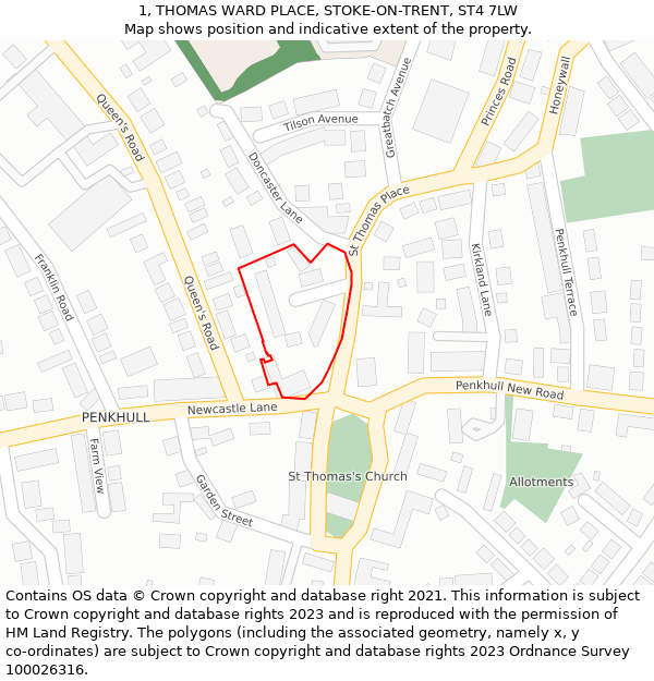 1, THOMAS WARD PLACE, STOKE-ON-TRENT, ST4 7LW: Location map and indicative extent of plot