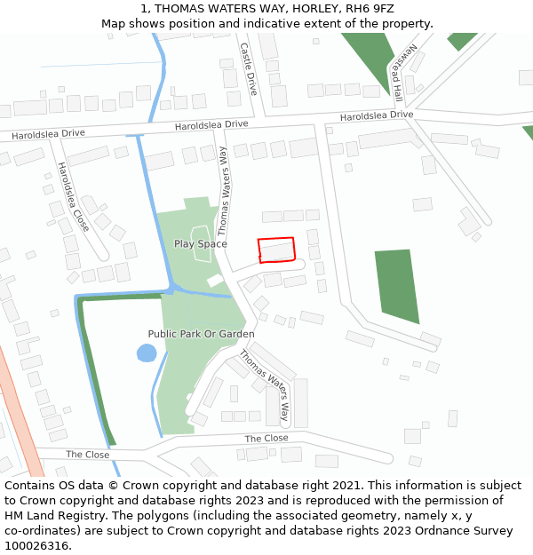 1, THOMAS WATERS WAY, HORLEY, RH6 9FZ: Location map and indicative extent of plot