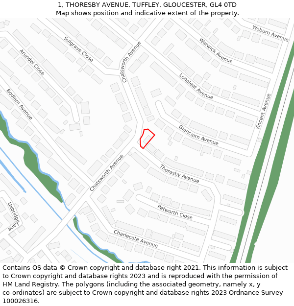 1, THORESBY AVENUE, TUFFLEY, GLOUCESTER, GL4 0TD: Location map and indicative extent of plot