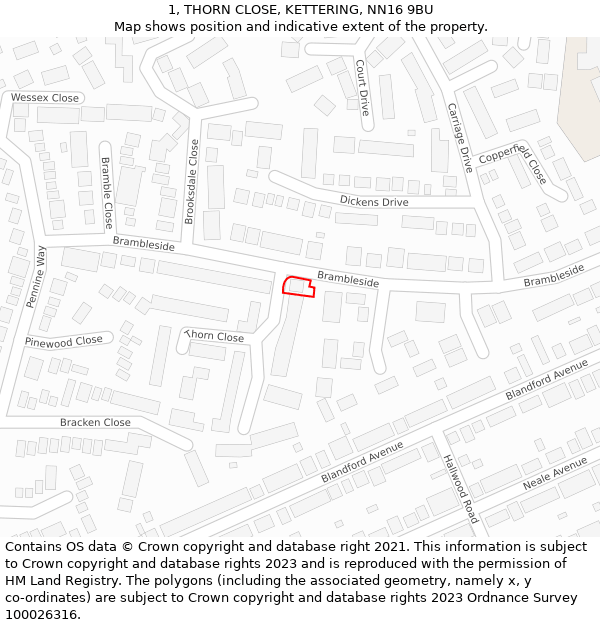 1, THORN CLOSE, KETTERING, NN16 9BU: Location map and indicative extent of plot