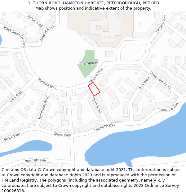 1, THORN ROAD, HAMPTON HARGATE, PETERBOROUGH, PE7 8EB: Location map and indicative extent of plot