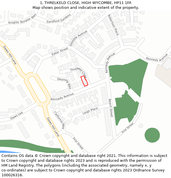 1, THRELKELD CLOSE, HIGH WYCOMBE, HP11 1FA: Location map and indicative extent of plot