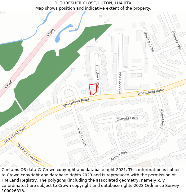 1, THRESHER CLOSE, LUTON, LU4 0TX: Location map and indicative extent of plot