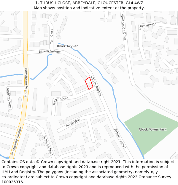 1, THRUSH CLOSE, ABBEYDALE, GLOUCESTER, GL4 4WZ: Location map and indicative extent of plot