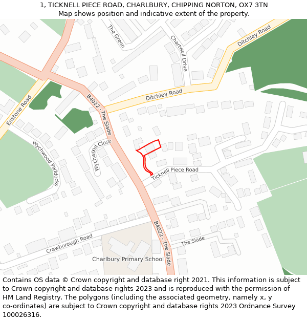 1, TICKNELL PIECE ROAD, CHARLBURY, CHIPPING NORTON, OX7 3TN: Location map and indicative extent of plot