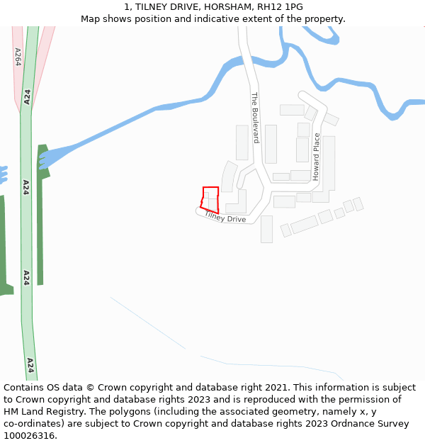 1, TILNEY DRIVE, HORSHAM, RH12 1PG: Location map and indicative extent of plot