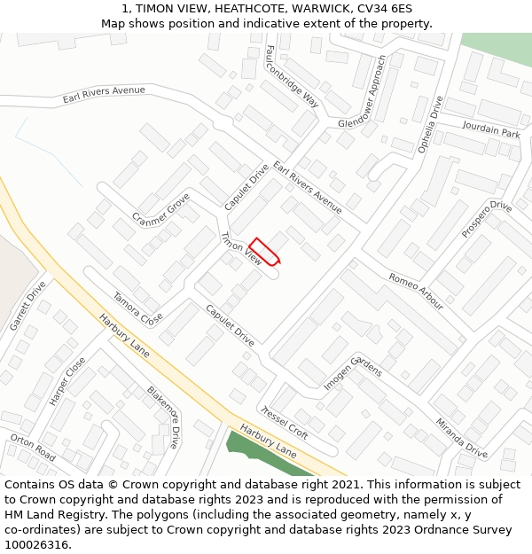 1, TIMON VIEW, HEATHCOTE, WARWICK, CV34 6ES: Location map and indicative extent of plot