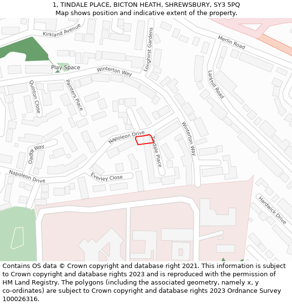 1, TINDALE PLACE, BICTON HEATH, SHREWSBURY, SY3 5PQ: Location map and indicative extent of plot