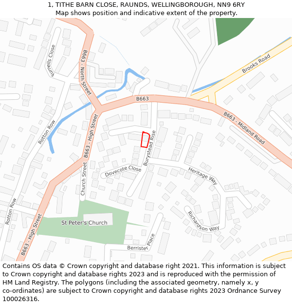 1, TITHE BARN CLOSE, RAUNDS, WELLINGBOROUGH, NN9 6RY: Location map and indicative extent of plot