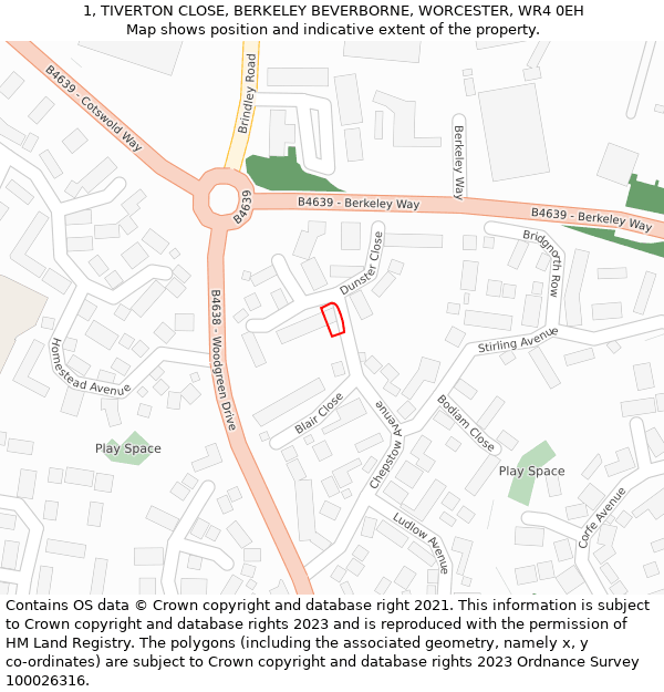 1, TIVERTON CLOSE, BERKELEY BEVERBORNE, WORCESTER, WR4 0EH: Location map and indicative extent of plot