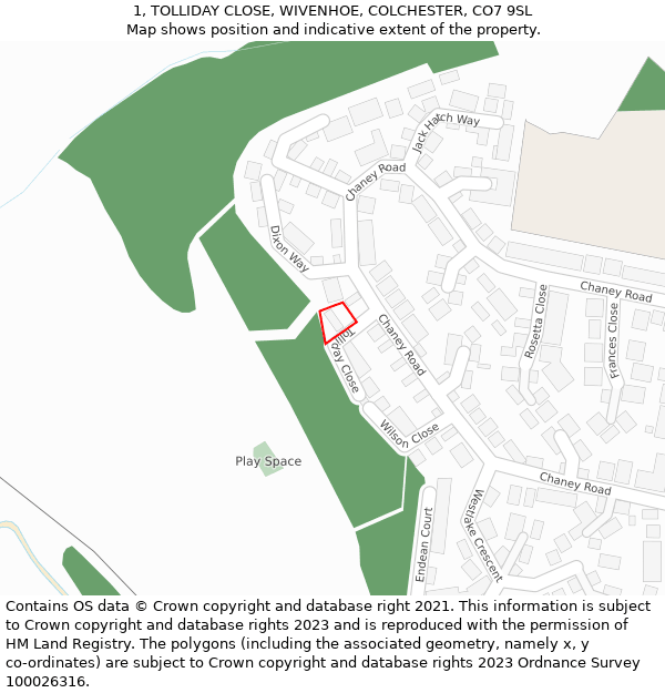 1, TOLLIDAY CLOSE, WIVENHOE, COLCHESTER, CO7 9SL: Location map and indicative extent of plot