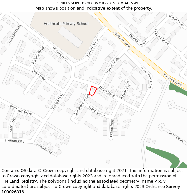 1, TOMLINSON ROAD, WARWICK, CV34 7AN: Location map and indicative extent of plot