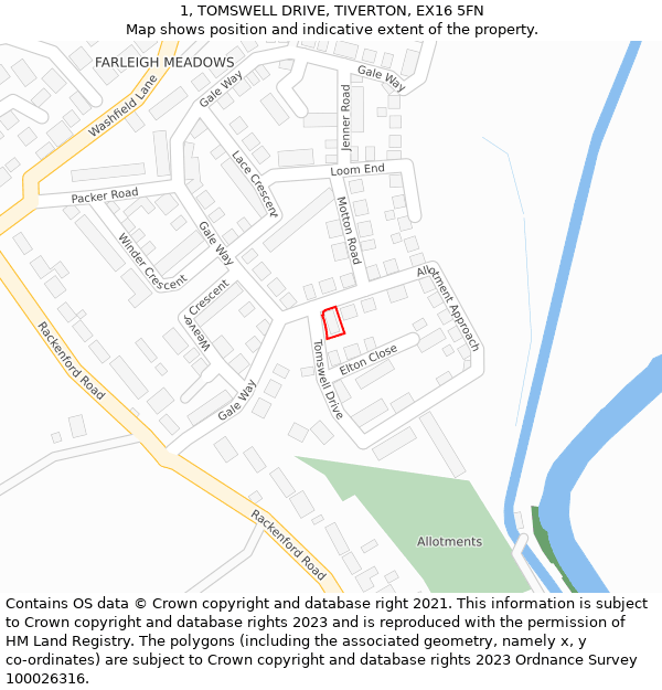 1, TOMSWELL DRIVE, TIVERTON, EX16 5FN: Location map and indicative extent of plot