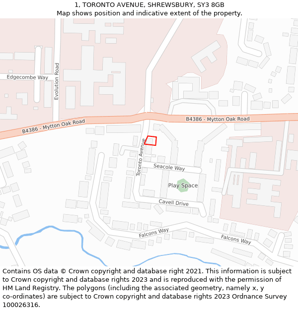 1, TORONTO AVENUE, SHREWSBURY, SY3 8GB: Location map and indicative extent of plot