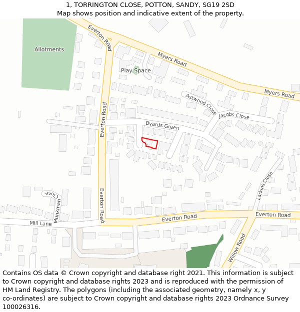 1, TORRINGTON CLOSE, POTTON, SANDY, SG19 2SD: Location map and indicative extent of plot