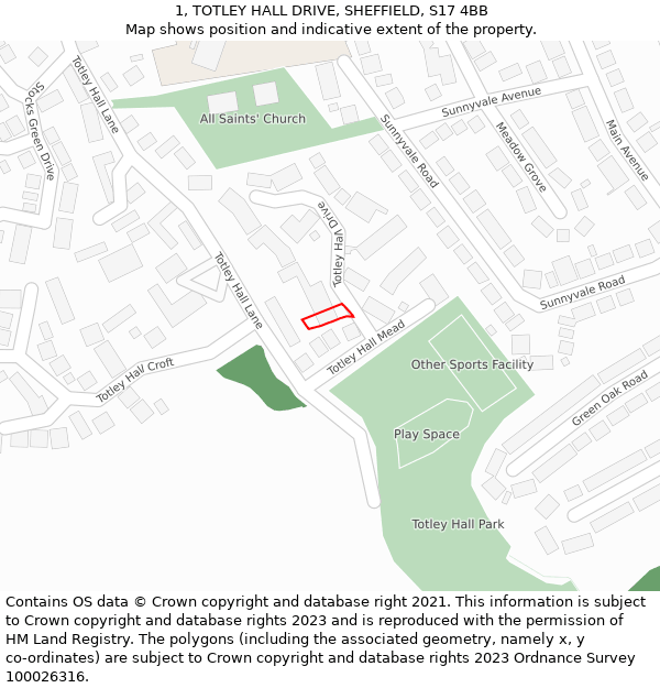 1, TOTLEY HALL DRIVE, SHEFFIELD, S17 4BB: Location map and indicative extent of plot
