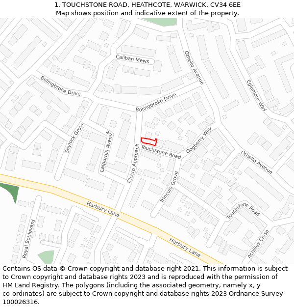 1, TOUCHSTONE ROAD, HEATHCOTE, WARWICK, CV34 6EE: Location map and indicative extent of plot