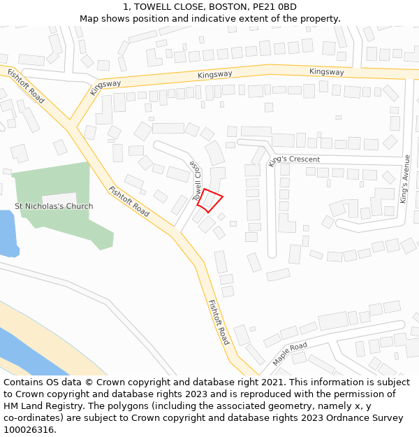 1, TOWELL CLOSE, BOSTON, PE21 0BD: Location map and indicative extent of plot