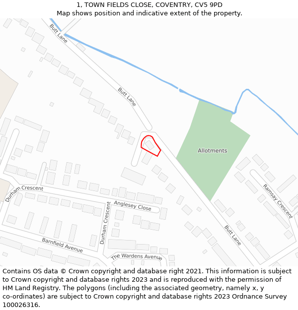 1, TOWN FIELDS CLOSE, COVENTRY, CV5 9PD: Location map and indicative extent of plot
