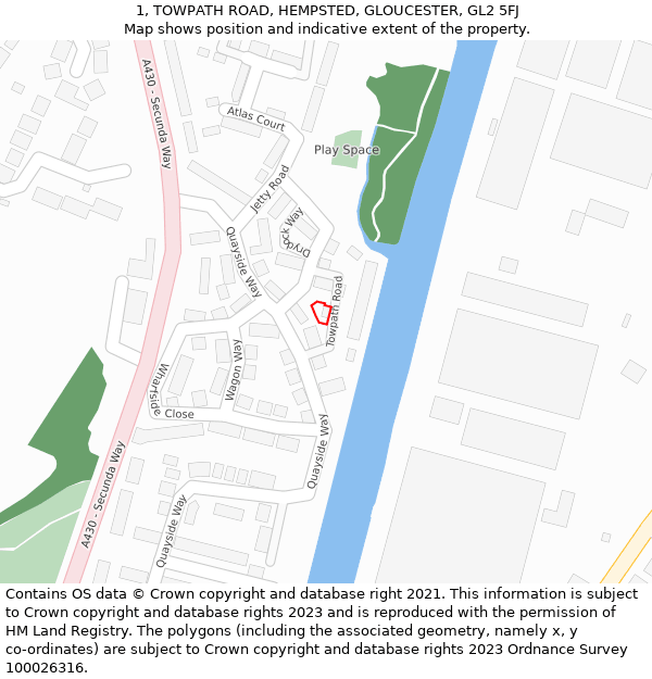1, TOWPATH ROAD, HEMPSTED, GLOUCESTER, GL2 5FJ: Location map and indicative extent of plot
