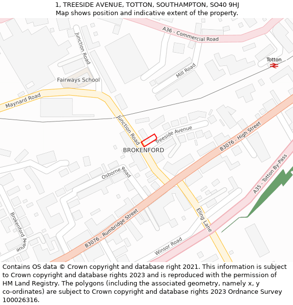 1, TREESIDE AVENUE, TOTTON, SOUTHAMPTON, SO40 9HJ: Location map and indicative extent of plot