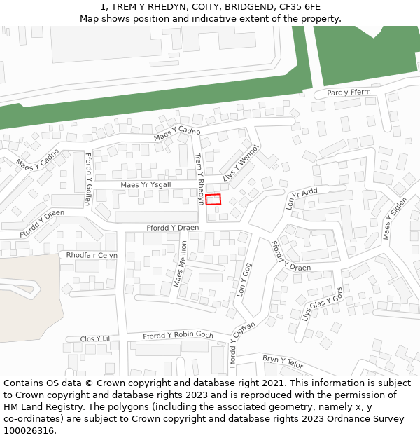 1, TREM Y RHEDYN, COITY, BRIDGEND, CF35 6FE: Location map and indicative extent of plot