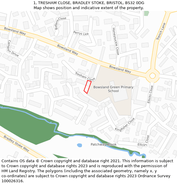 1, TRESHAM CLOSE, BRADLEY STOKE, BRISTOL, BS32 0DG: Location map and indicative extent of plot