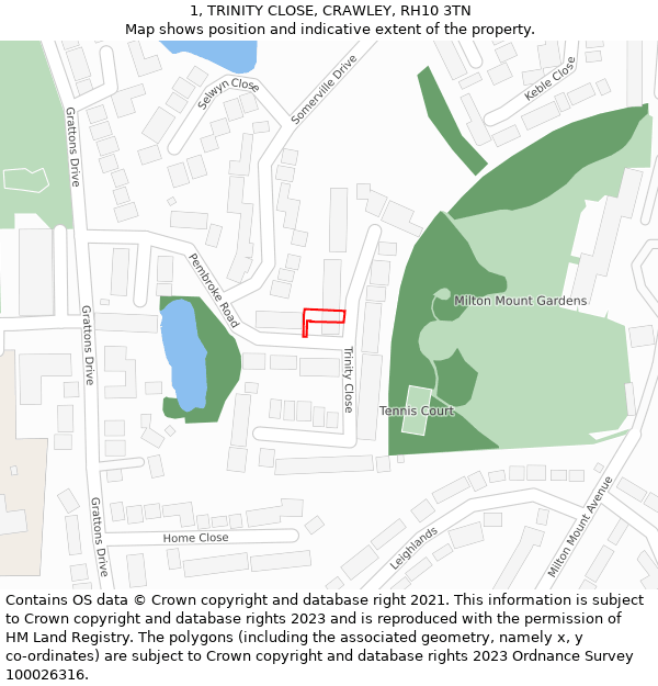 1, TRINITY CLOSE, CRAWLEY, RH10 3TN: Location map and indicative extent of plot