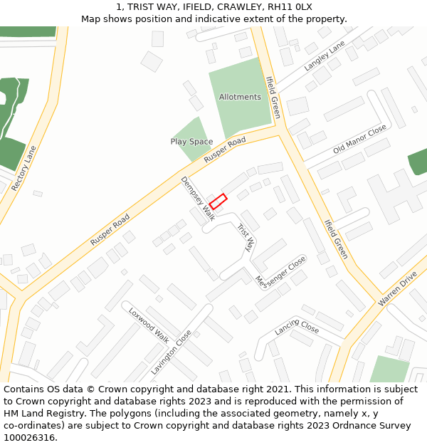 1, TRIST WAY, IFIELD, CRAWLEY, RH11 0LX: Location map and indicative extent of plot